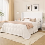 Frostbloom Queen Size Boucle Upholstered Platform Bed Frame with Wingback Headboard, White