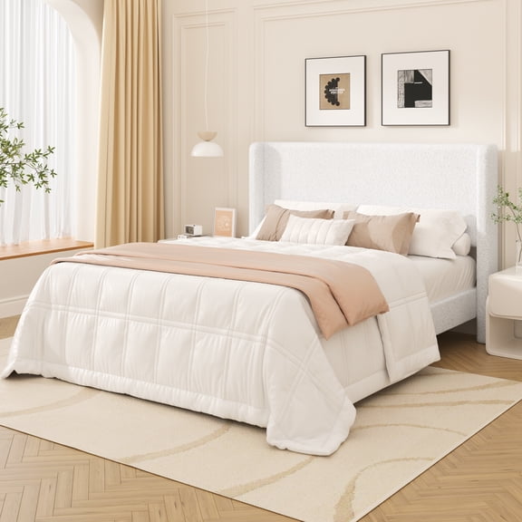 Frostbloom Queen Size Boucle Upholstered Platform Bed Frame with Wingback Headboard, White