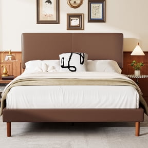 Frostbloom Queen Size Faux Leather Platform Bed Frame with Adjustable Headboard, Dark Brown