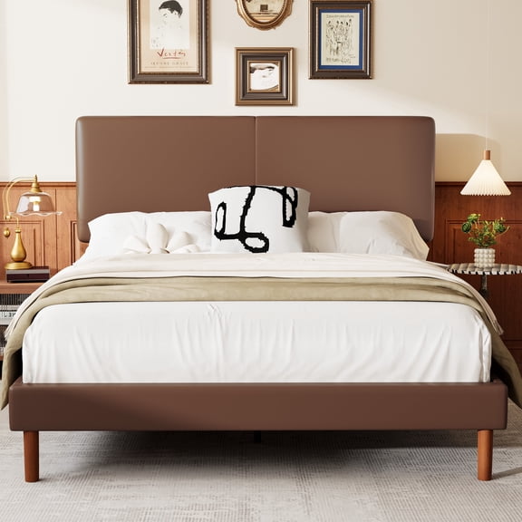 Frostbloom Queen Size Faux Leather Platform Bed Frame with Adjustable Headboard, Dark Brown