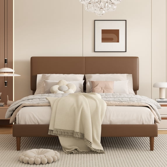 Frostbloom Queen Size Faux Leather Platform Bed Frame with Adjustable Headboard, Dark Brown