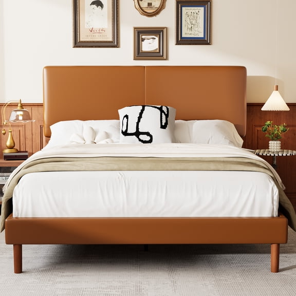 Frostbloom Queen Size Faux Leather Platform Bed Frame with Adjustable Headboard, Orange Brown
