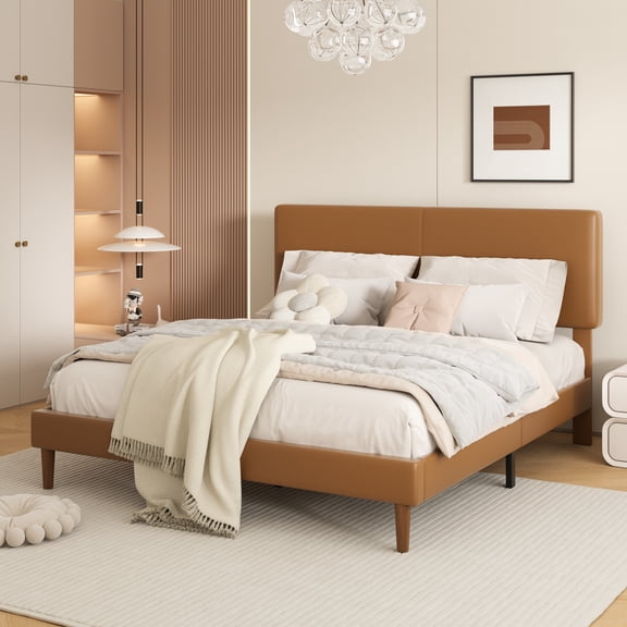 Frostbloom Queen Size Faux Leather Platform Bed Frame with Adjustable Headboard, Orange Brown