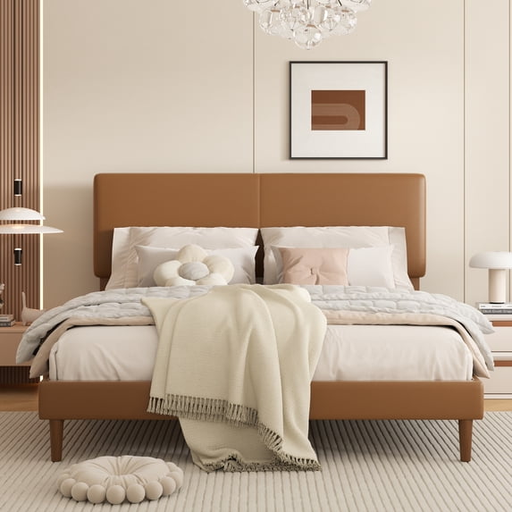 Frostbloom Queen Size Faux Leather Platform Bed Frame with Adjustable Headboard, Orange Brown