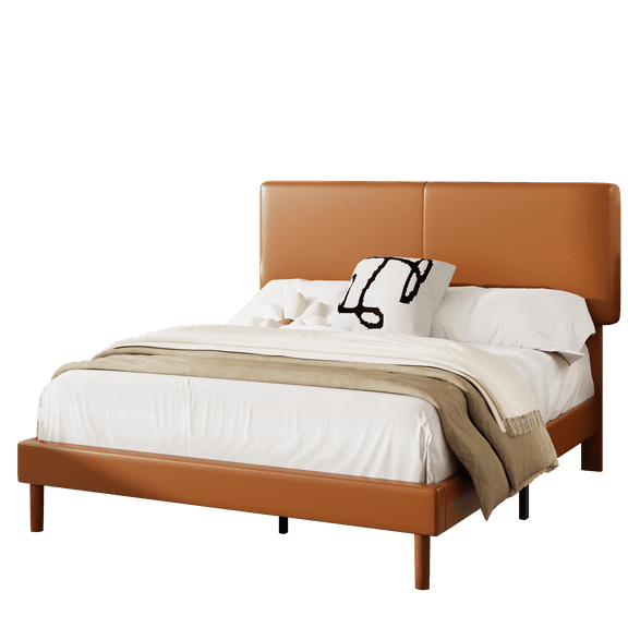 Frostbloom Queen Size Faux Leather Upholstered Platform Bed Frame with Adjustable Headboard, Orange Brown
