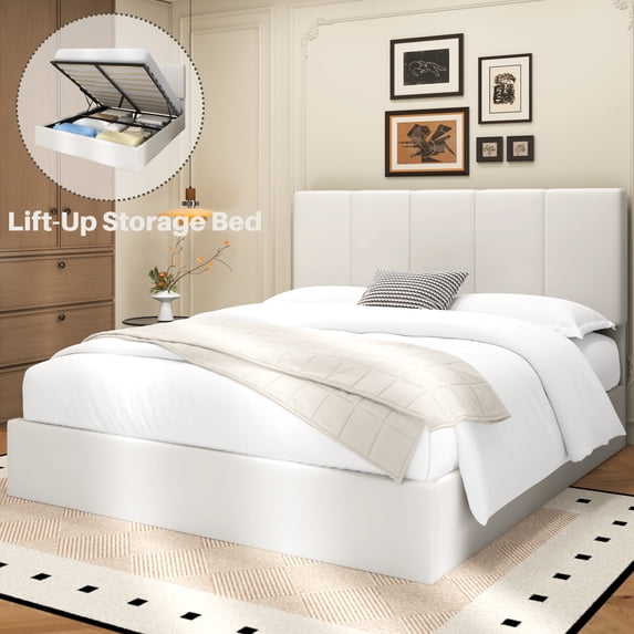 Frostbloom Queen Size Lift-Up Storage Platform Bed frame with Velvet Upholstered Headboard, Off-White