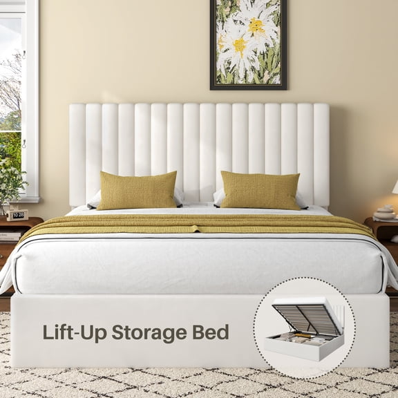 Frostbloom Queen Size Lift-Up Storage Platform Bed with Vertical-Stripe Velvet Upholstered Headboard, Off-White