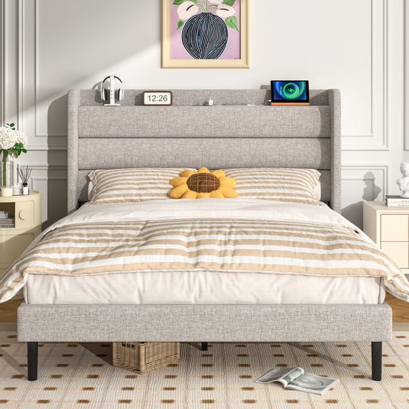 Frostbloom Queen Bed Frame with USB & Type-C Charging Station and Linen Fabric Wingback Headboard, Biege