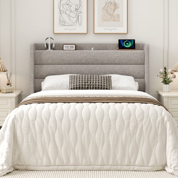Frostbloom Queen Bed Frame with USB & Type-C Charging Station and Linen Fabric Wingback Headboard, Biege