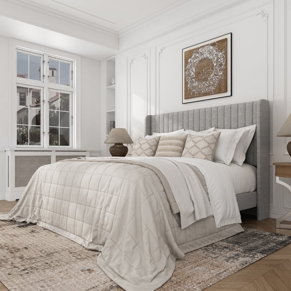 Frostbloom Queen Size Linen Fabric Platform Bed Frame with Vertical Channel Tufted Wingback Headboard, Light Gray