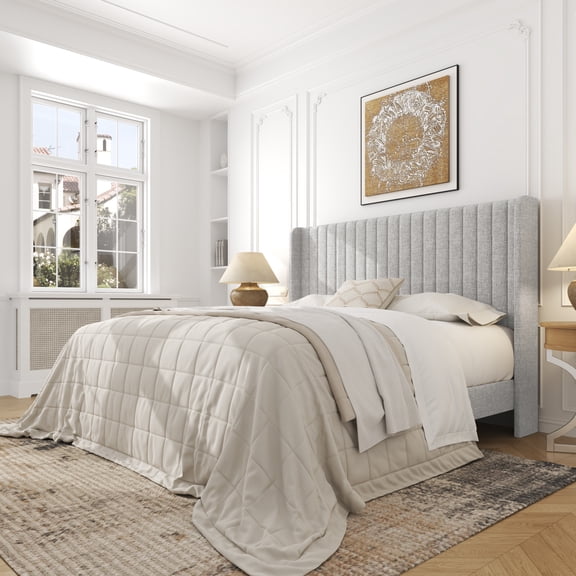 Frostbloom Queen Size Linen Fabric Upholstered Bed with Wingback Headboard, Light Gray