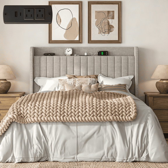 Frostbloom Queen Size Bed Frame with Advanced Charging Hubs & Storage Shelf, Upholstered Linen Fabric Wingback Headboard, Beige