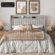 Frostbloom Queen Size Bed Frame with Advanced Charging Hubs & Storage Shelf, Upholstered Linen Fabric Wingback Headboard, Light Gray