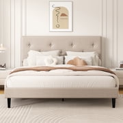 Frostbloom Queen Size Linen Upholstered Platform Bed Frame with Adjustable Headboard, Beige