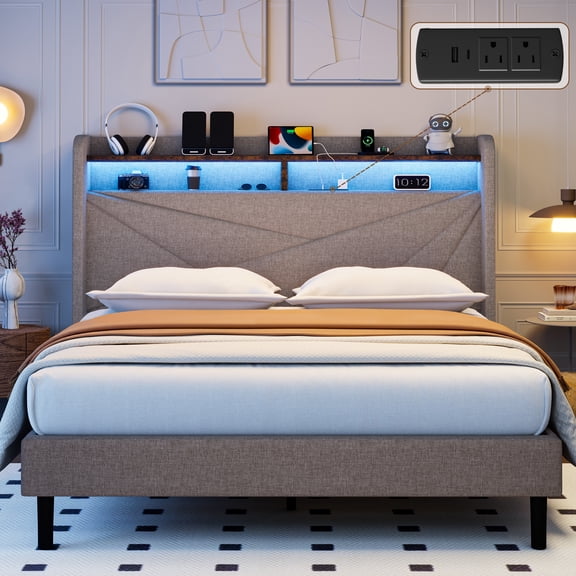 Frostbloom Queen Size Linen Upholstered Platform Bed with Geometric Wingback Headboard, LED Light, Storage Shelves & Built-in Charging Station, Beige