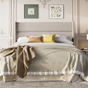 Frostbloom Queen Size Platform Bed Frame, Linen Upholstered Wingback Headboard, Beige