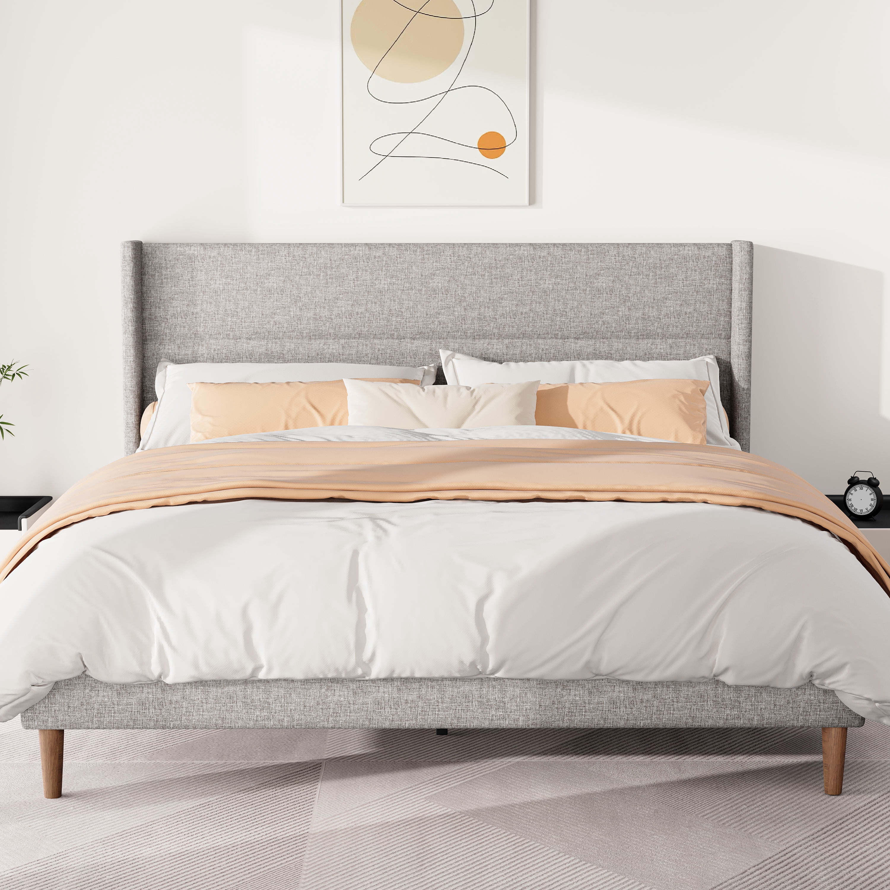 Frostbloom Queen Size Platform Bed Frame, Linen Upholstered Wingback Headboard, Beige