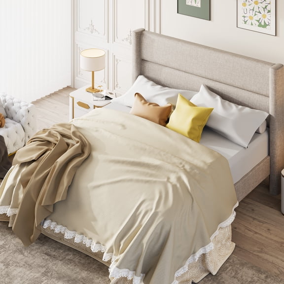 Frostbloom Queen Size Platform Bed Frame, Linen Upholstered Wingback Headboard, Beige