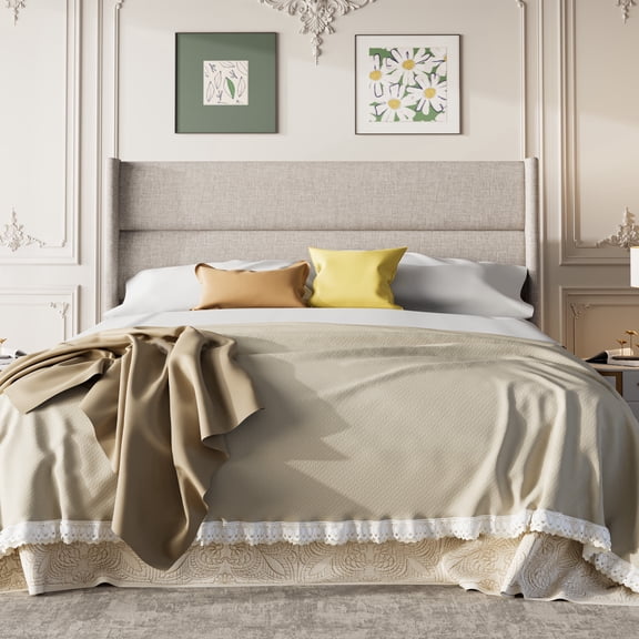 Frostbloom Queen Size Platform Bed Frame, Linen Upholstered Wingback Headboard, Beige