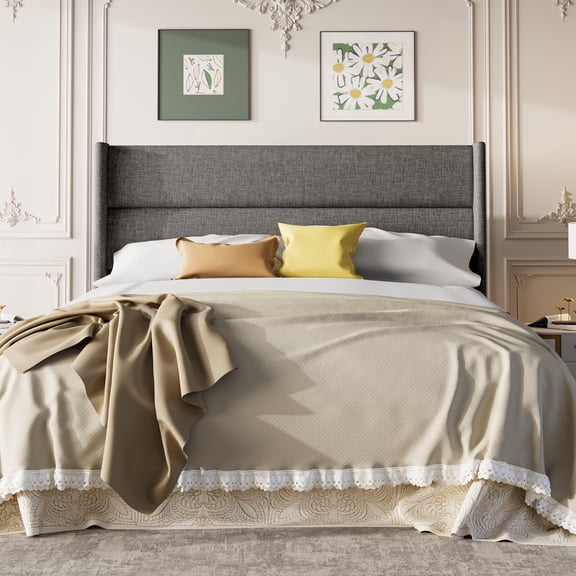 Frostbloom Queen Size Platform Bed Frame, Linen Upholstered Wingback Headboard, Dark Gray