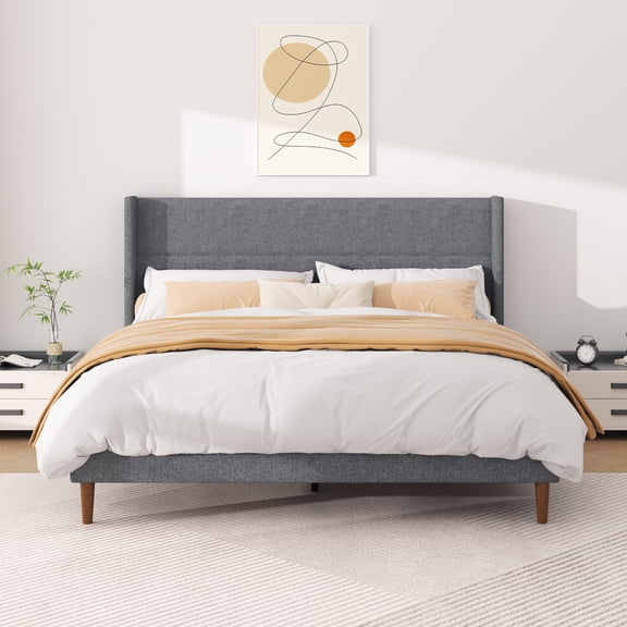 Frostbloom Queen Size Platform Bed Frame, Linen Upholstered Wingback Headboard, Dark Gray