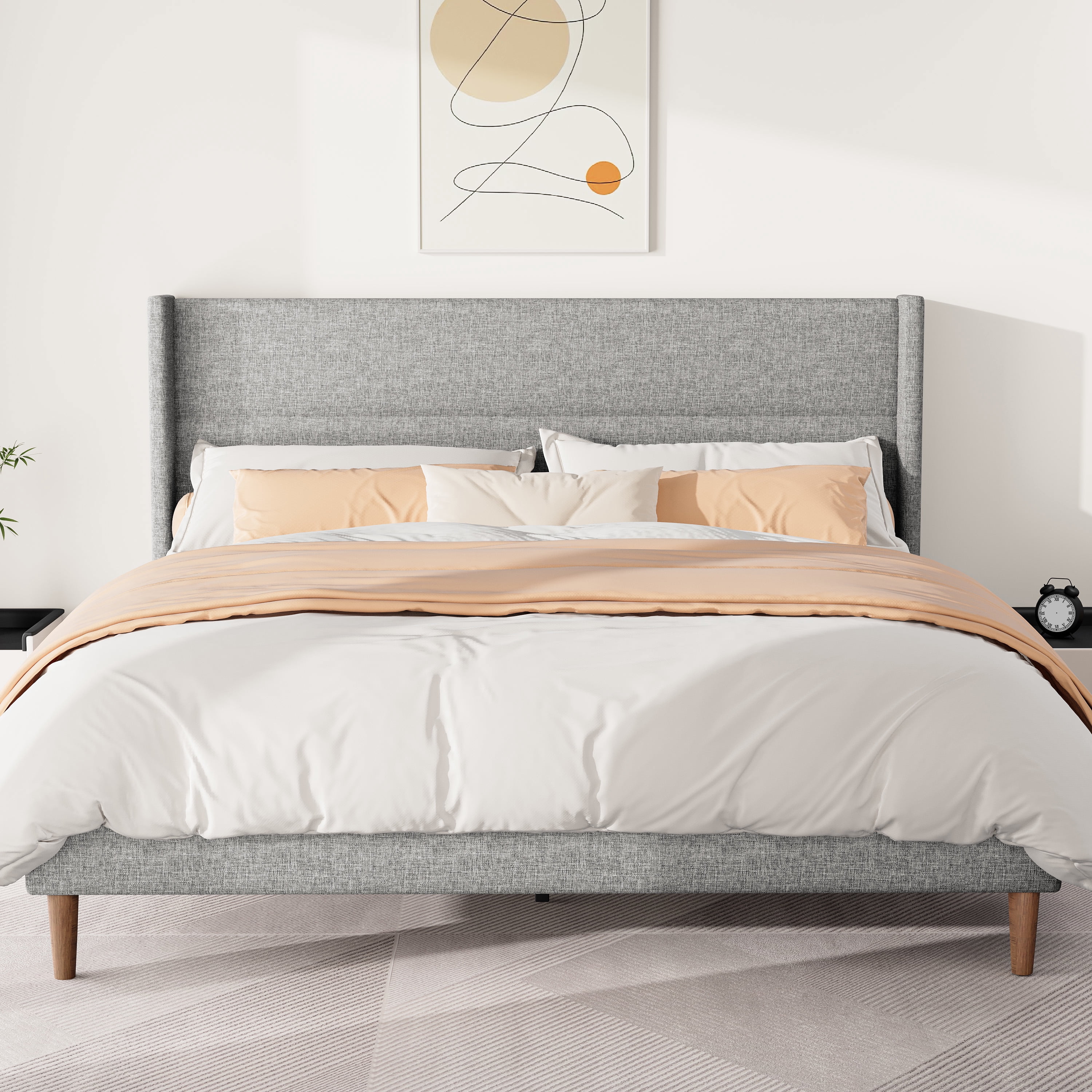 Frostbloom Queen Size Platform Bed Frame, Linen Upholstered Wingback Headboard, Light Gray