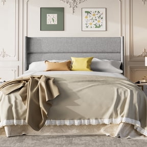 Frostbloom Queen Size Platform Bed Frame, Linen Upholstered Wingback Headboard, Light Gray