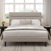 Frostbloom Queen Size Platform Bed Frame with Linen Fabric Upholstered Headboard, No Box Spring Needed, Beige