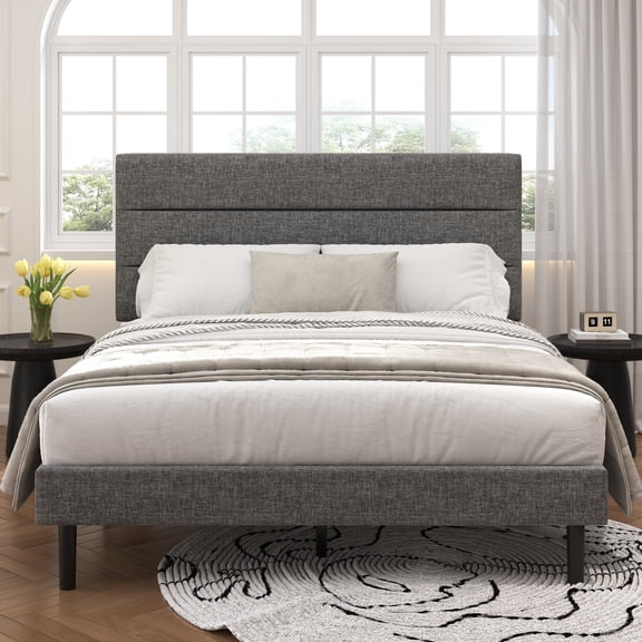 Frostbloom Queen Size Platform Bed Frame with Linen Fabric Upholstered Headboard, No Box Spring Needed, Dark Gray