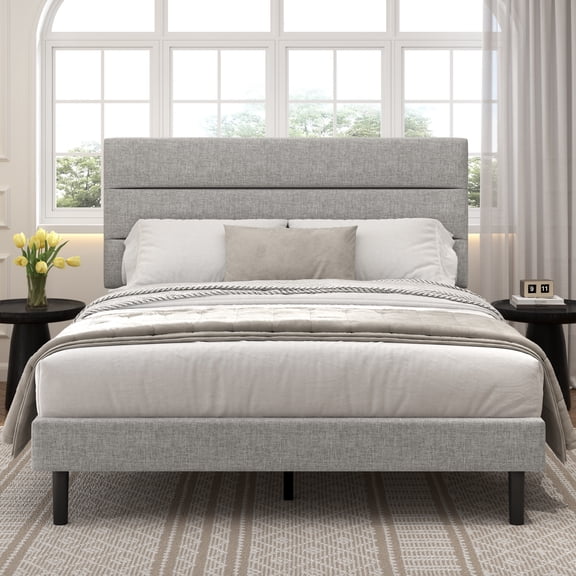 Frostbloom Queen Size Platform Bed Frame with Linen Fabric Upholstered Headboard, No Box Spring Needed, Light Gray