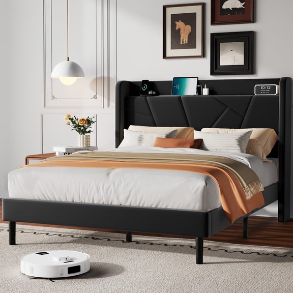 Frostbloom Velvet Upholstered Queen Platform Bed Frame with Storage Headboard Shelf, USB & Type-C Charging Ports, Black