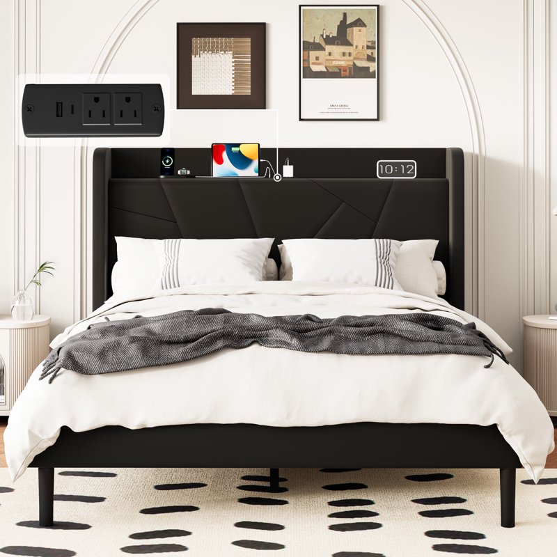 Frostbloom Velvet Upholstered Queen Platform Bed Frame with Storage Headboard Shelf, USB & Type-C Charging Ports, Black