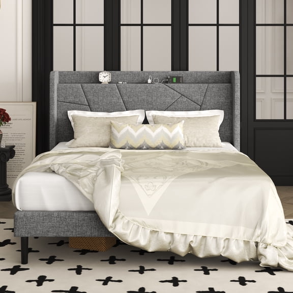 Frostbloom Linen Upholstered Queen Platform Bed Frame with Storage Headboard Shelf, USB & Type-C Charging Ports, Dark Gray