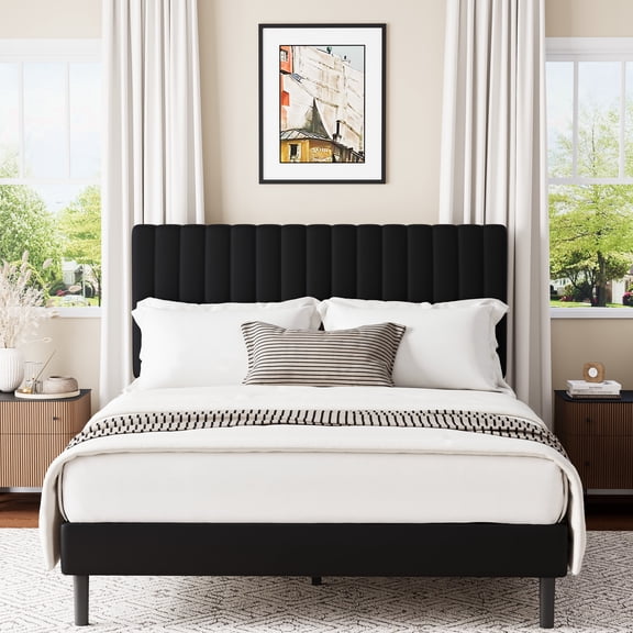 Frostbloom Queen Size Platform Bed Frame with Velvet Upholstered Headboard, Black