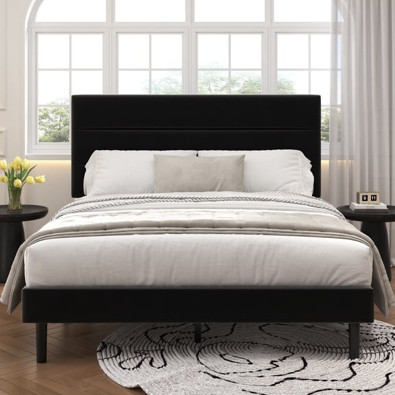 Frostbloom Queen Size Platform Bed Frame with Velvet Upholstered Headboard, No Box Spring Needed, Black