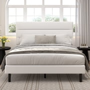 Frostbloom Queen Size Platform Bed Frame with Velvet Upholstered Headboard, No Box Spring Needed, White