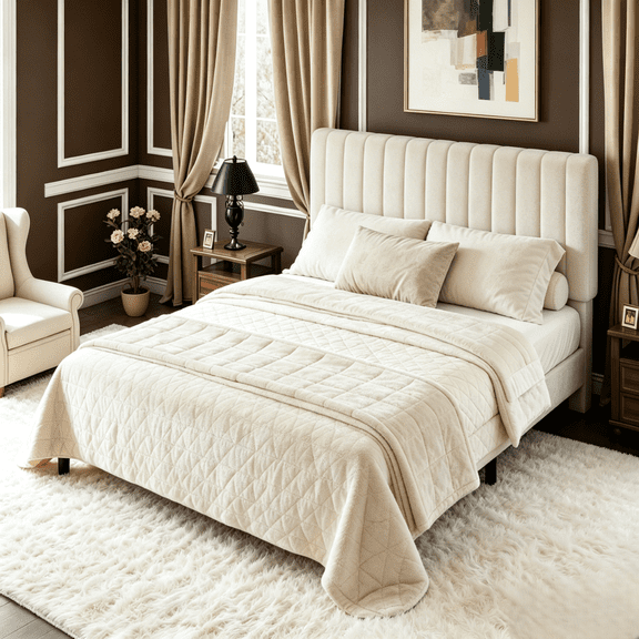 Frostbloom Queen Size Platform Bed Frame with Velvet Upholstered Headboard, Off White
