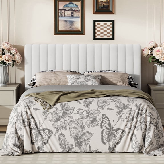 Frostbloom Queen Size Platform Bed Frame with Velvet Upholstered Headboard, Off-white