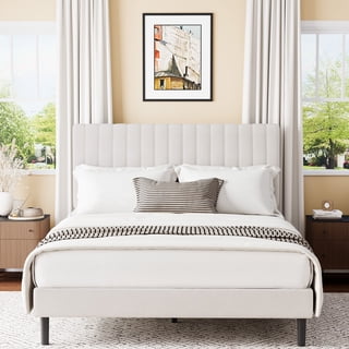 Frostbloom Queen Size Platform Bed Frame with Velvet Upholstered Headboard, Off-white