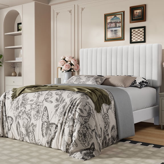 Frostbloom Queen Size Platform Bed Frame with Velvet Upholstered Headboard, Off White