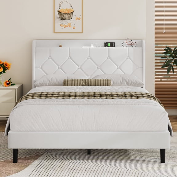 Frostbloom Queen Size Velvet Bed Frame with USB & Type-C Charging, Diamond-Tufted Wingback Headboard with Storage, White