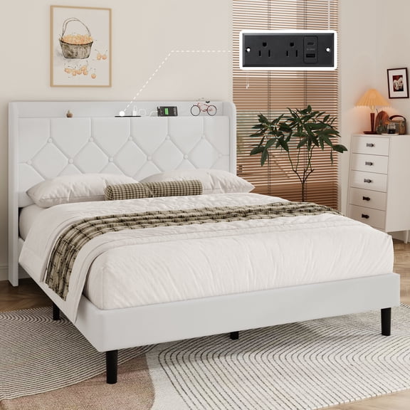 Frostbloom Queen Size Velvet Bed Frame with USB & Type-C Charging, Diamond-Tufted Wingback Headboard with Storage, White