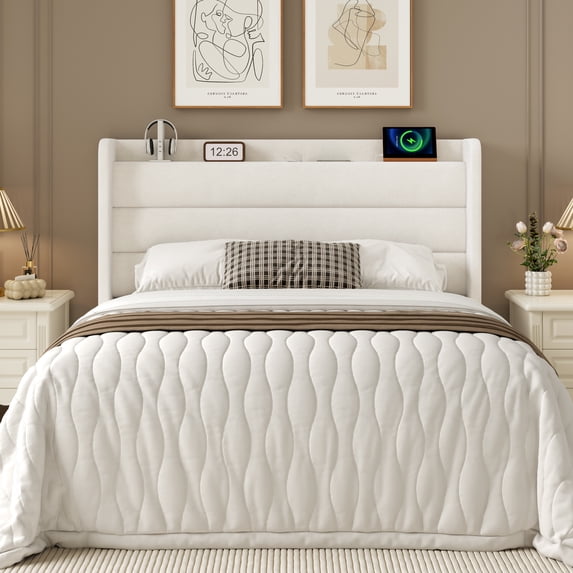 Frostbloom Queen Bed Frame with USB & Type-C Charging Station and Velvet Wingback Headboard, White
