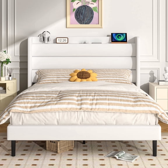 Frostbloom Queen Bed Frame with USB & Type-C Charging Station and Velvet Wingback Headboard, White