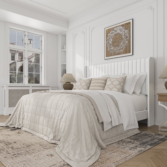 Frostbloom Queen Size Velvet Platform Bed Frame with Vertical Channel Tufted Wingback Headboard, White