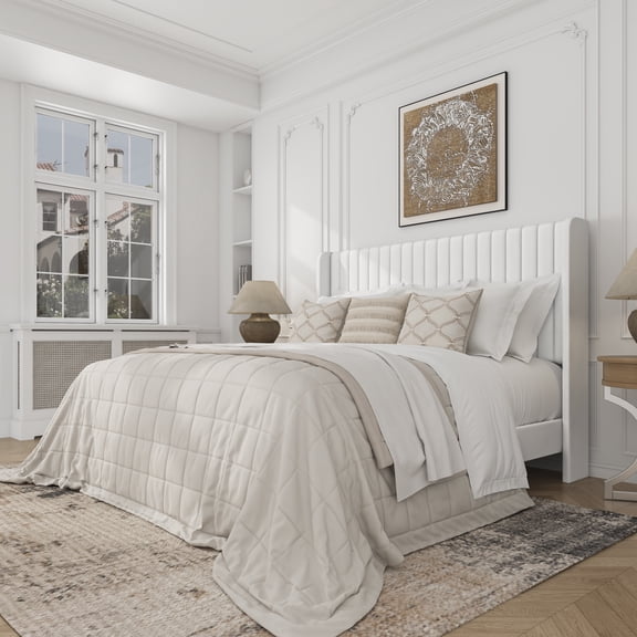Frostbloom Queen Size Velvet Platform Bed Frame with Vertical Channel Tufted Wingback Headboard, White