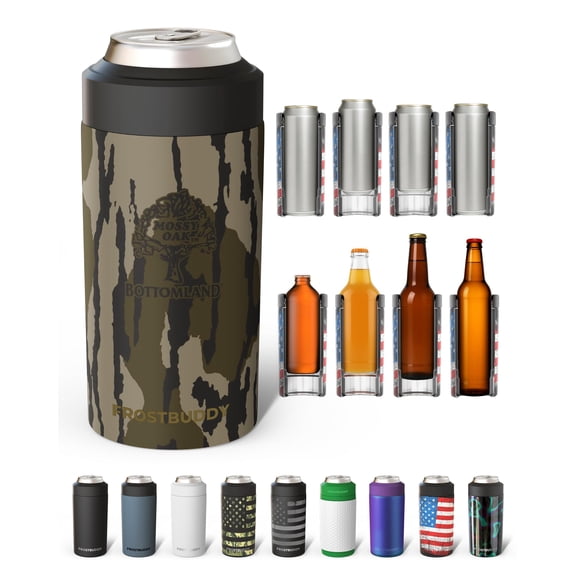 Frost Buddy Universal Can Cooler - Fits all - Stainless Steel Can Cooler for 12 oz & 16 oz Regular or Slim Cans & Bottles - Stainless Steel (Mossy Oak Bottomland)
