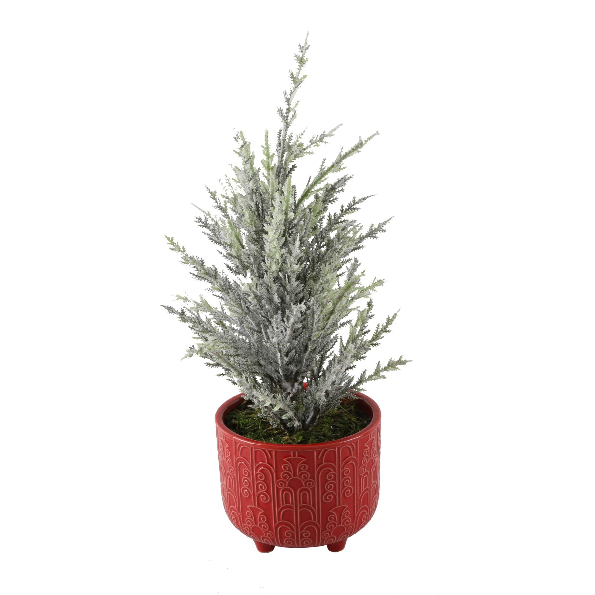 Frosted Green Pine Christmas Tree in Red Ceramic Pot