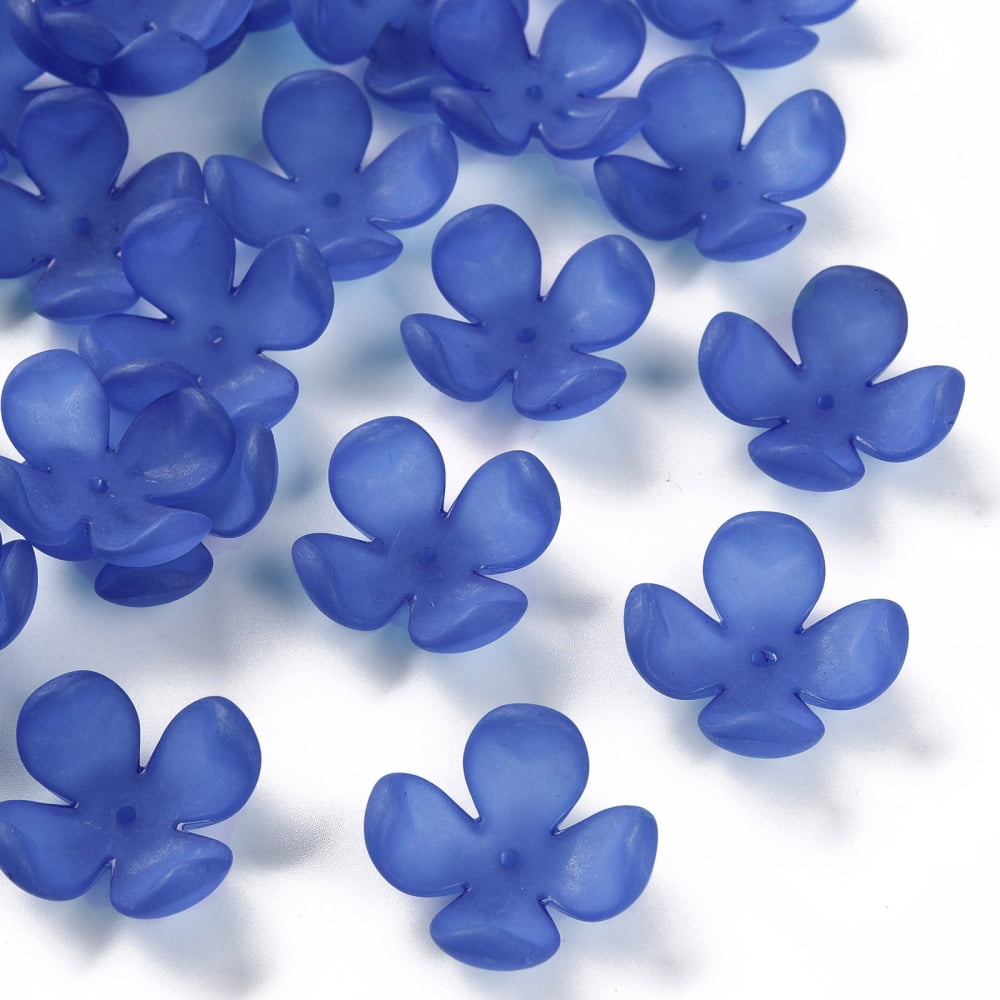 Frosted Acrylic Bead Caps 4-Petal Flower Royal Blue 27x27x11mm Hole: 1.8mm about 276pcs/500g