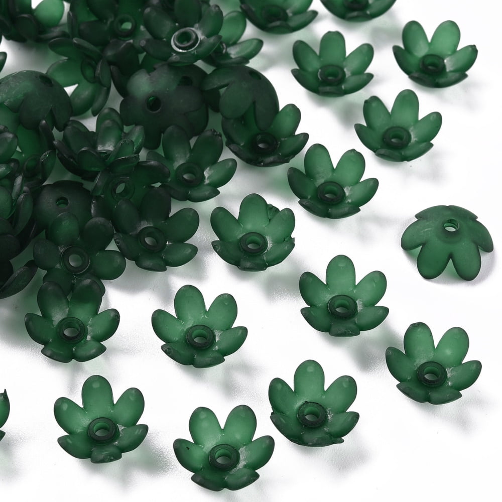 Frosted Acrylic Bead Caps 6-Petal Flower Dark Green 14x6mm Hole: 2mm 1660pcs/500g